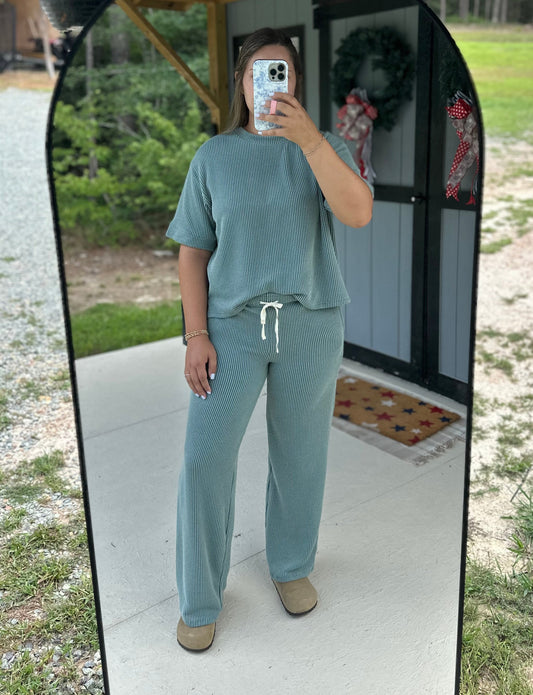 Jade Ribbed Short Sleeve & Pants Set