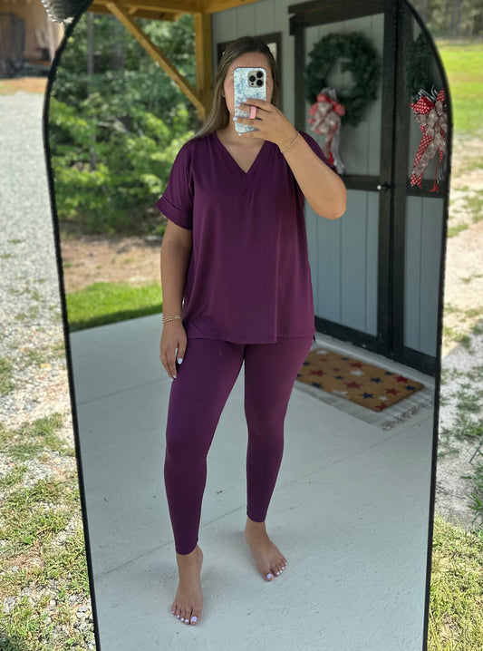Dark Plum V-Neck Top & Leggings Set