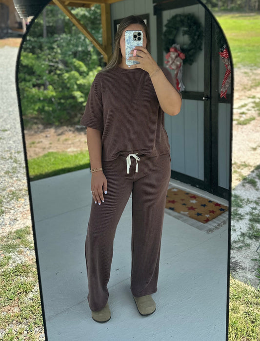 Dark Brown Ribbed Short Sleeve & Pants Set