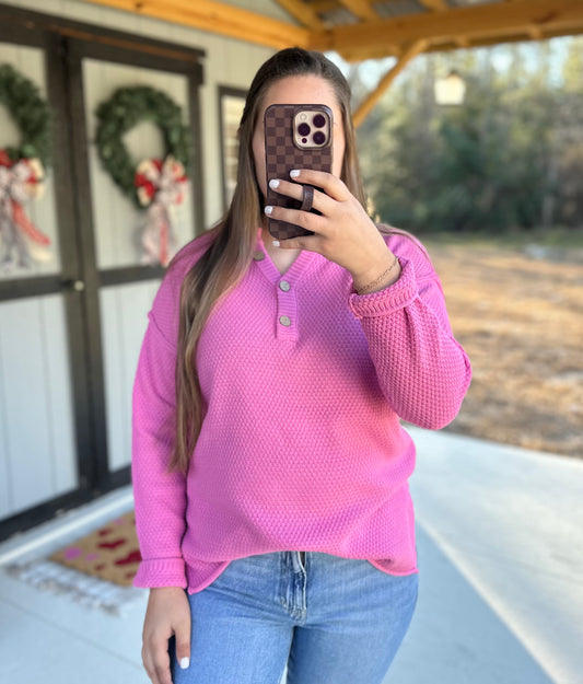 Candy Pink Button Henley Sweater