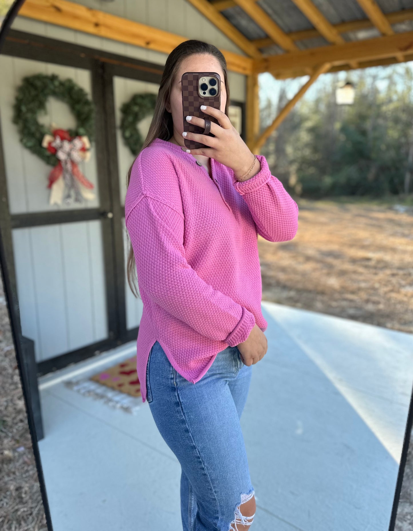 Candy Pink Button Henley Sweater
