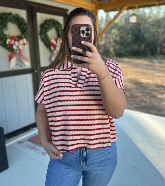 Ruby Striped Short Split Neck Top