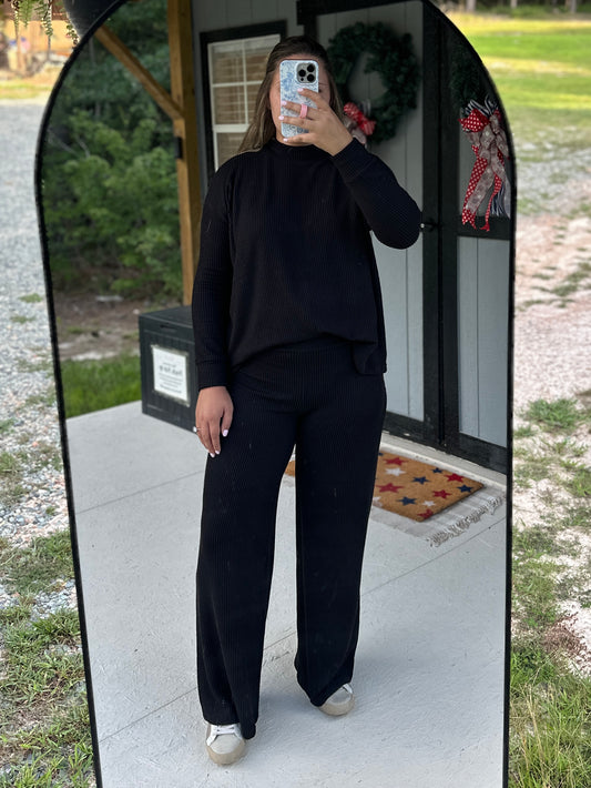 Black Ribbed Mock Neck Long Sleeve & Pants Set