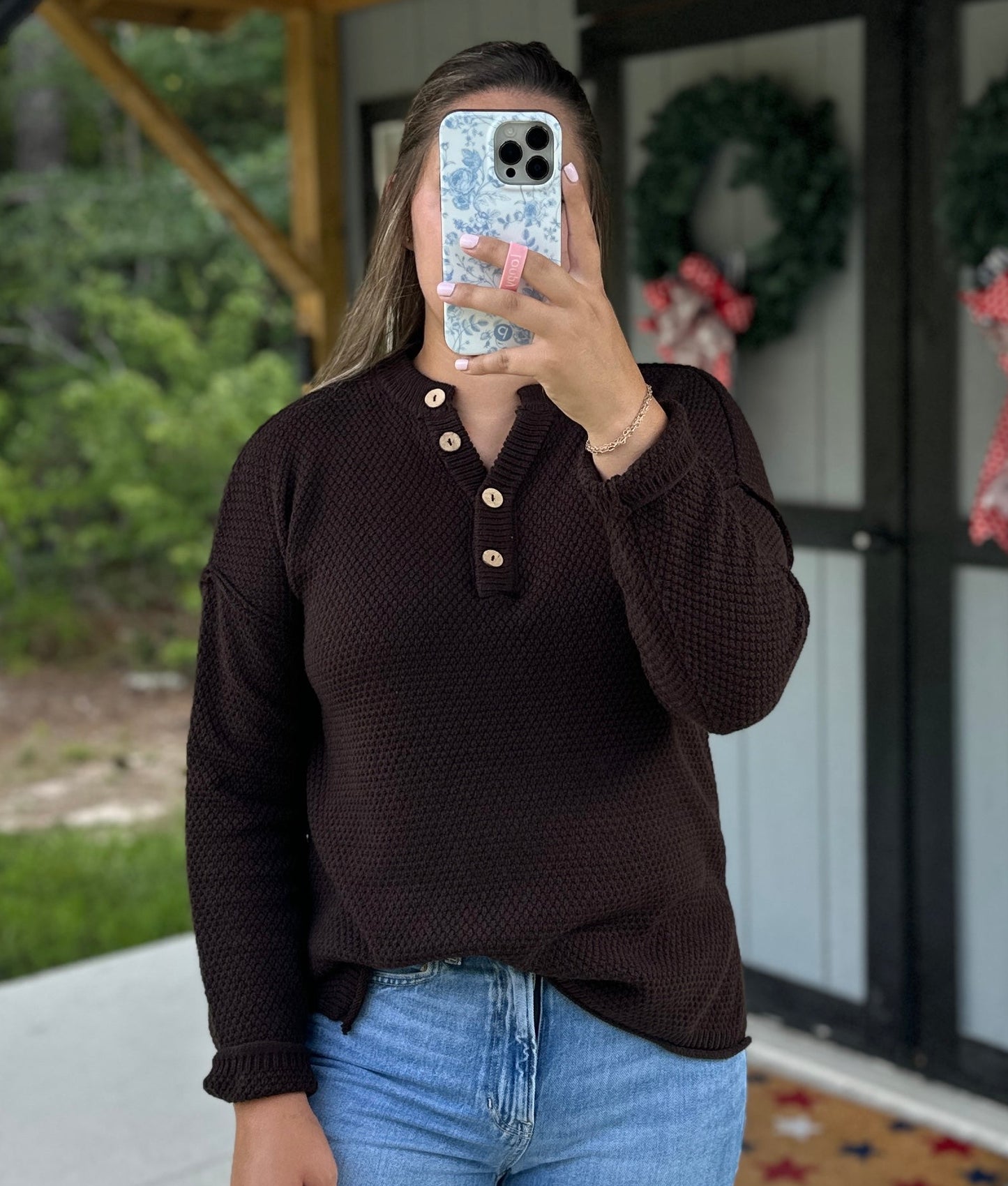 Dark Brown Button Henley Sweater