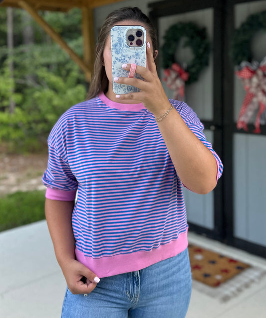 Pink & Purple Striped Rib Banded Top