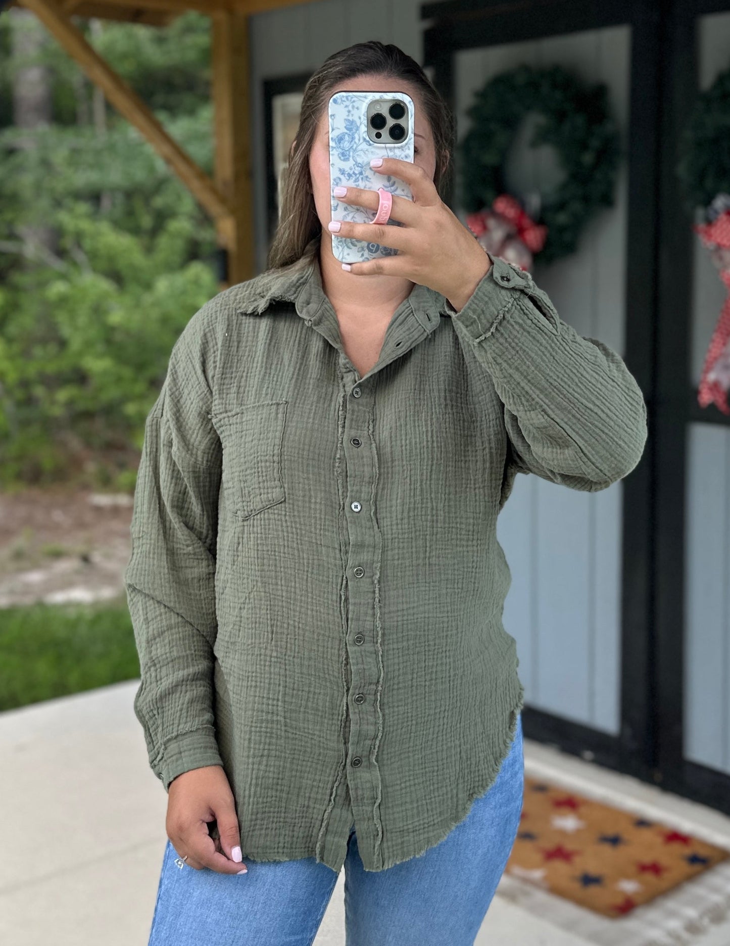 Olive Double Gauze Oversized Button Up Shirt