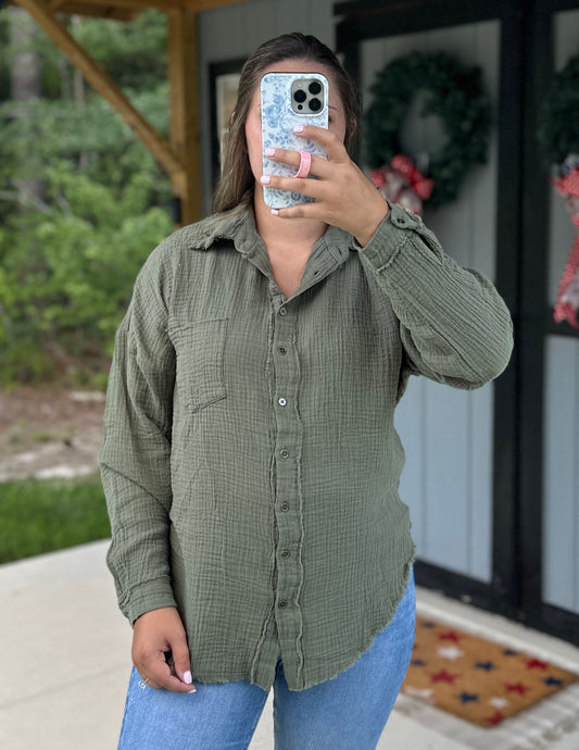 Olive Double Gauze Oversized Button Up Shirt