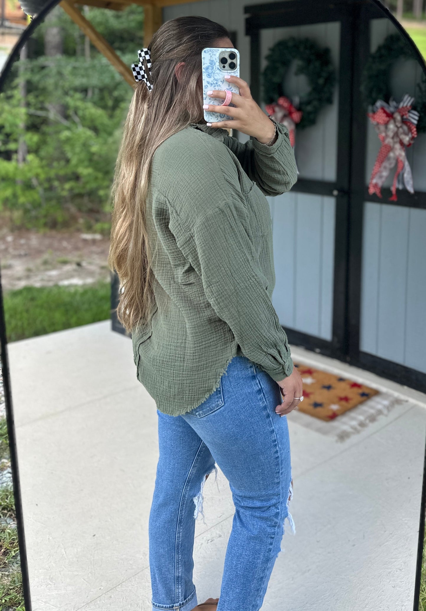 Olive Double Gauze Oversized Button Up Shirt