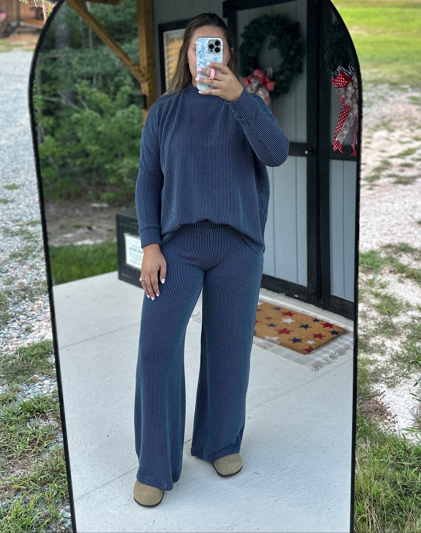 Navy Ribbed Mock Neck Long Sleeve & Pants Set