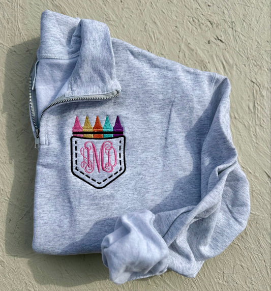 Embroidered Crayons & Monogram Quarter Zip Sweatshirt