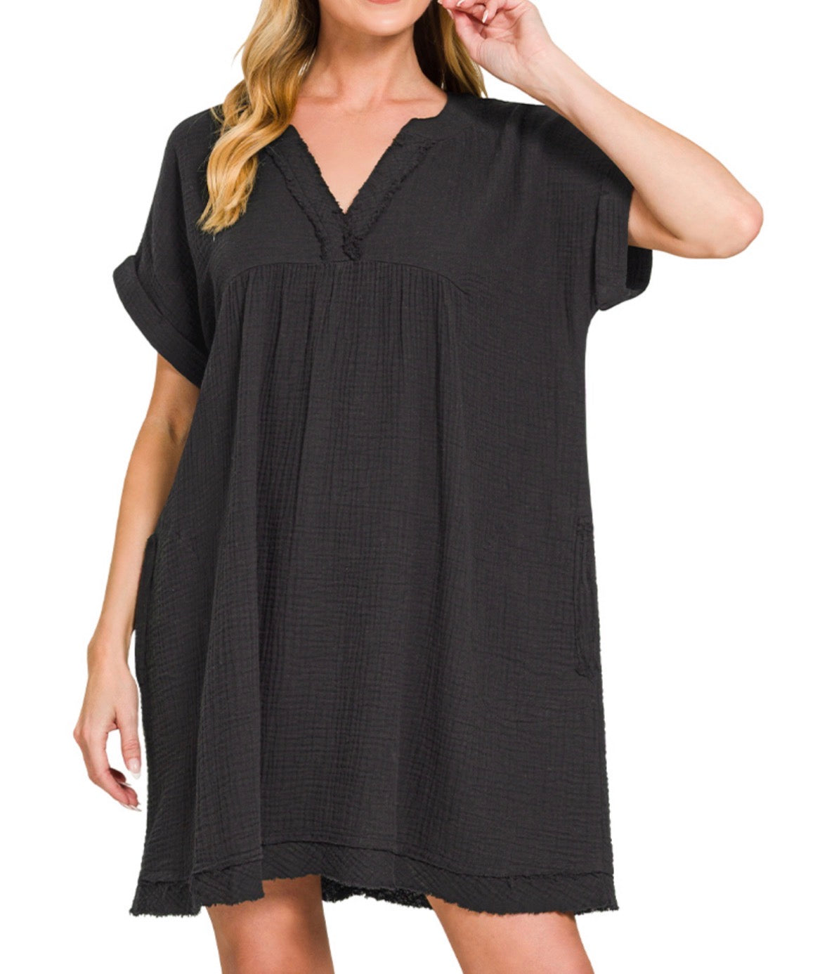 Black Raw Edge V-Neck Dress
