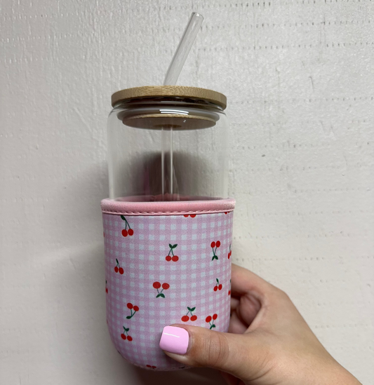 Pink Checkered & Cherries Drink Sleeve