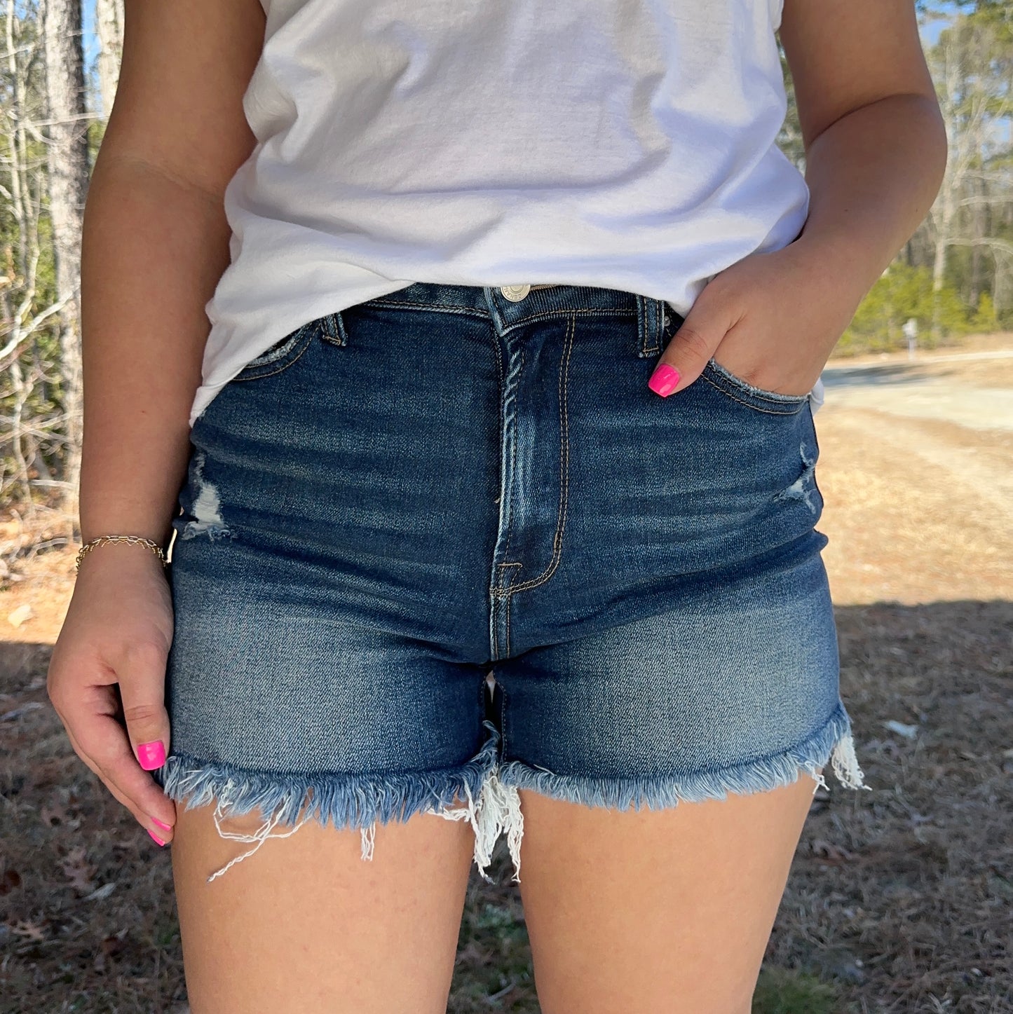 Raw Frayed Hem Dark Denim Shorts