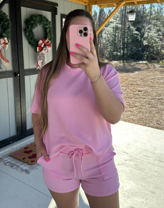 Pink Ribbed Short Sleeve Set