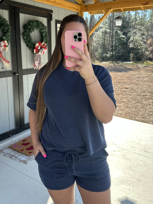 Navy Ribbed Short Sleeve Set