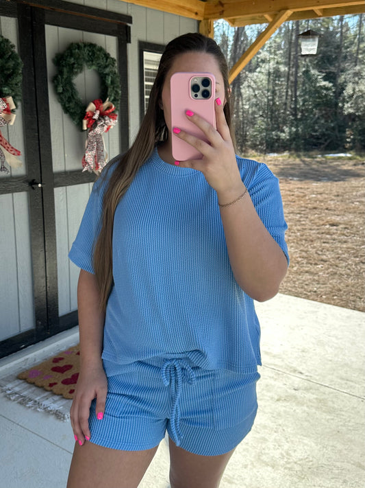Sky Blue Ribbed Short Sleeve Set