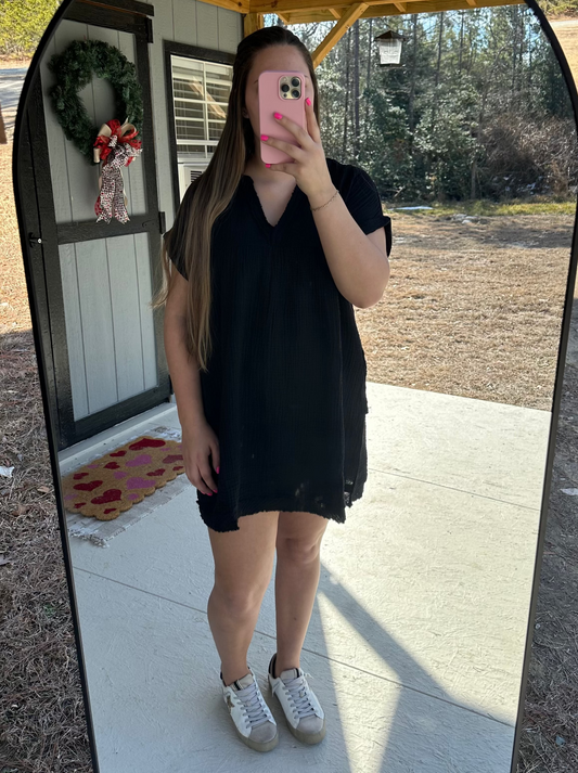 Black Raw Edge V-Neck Dress