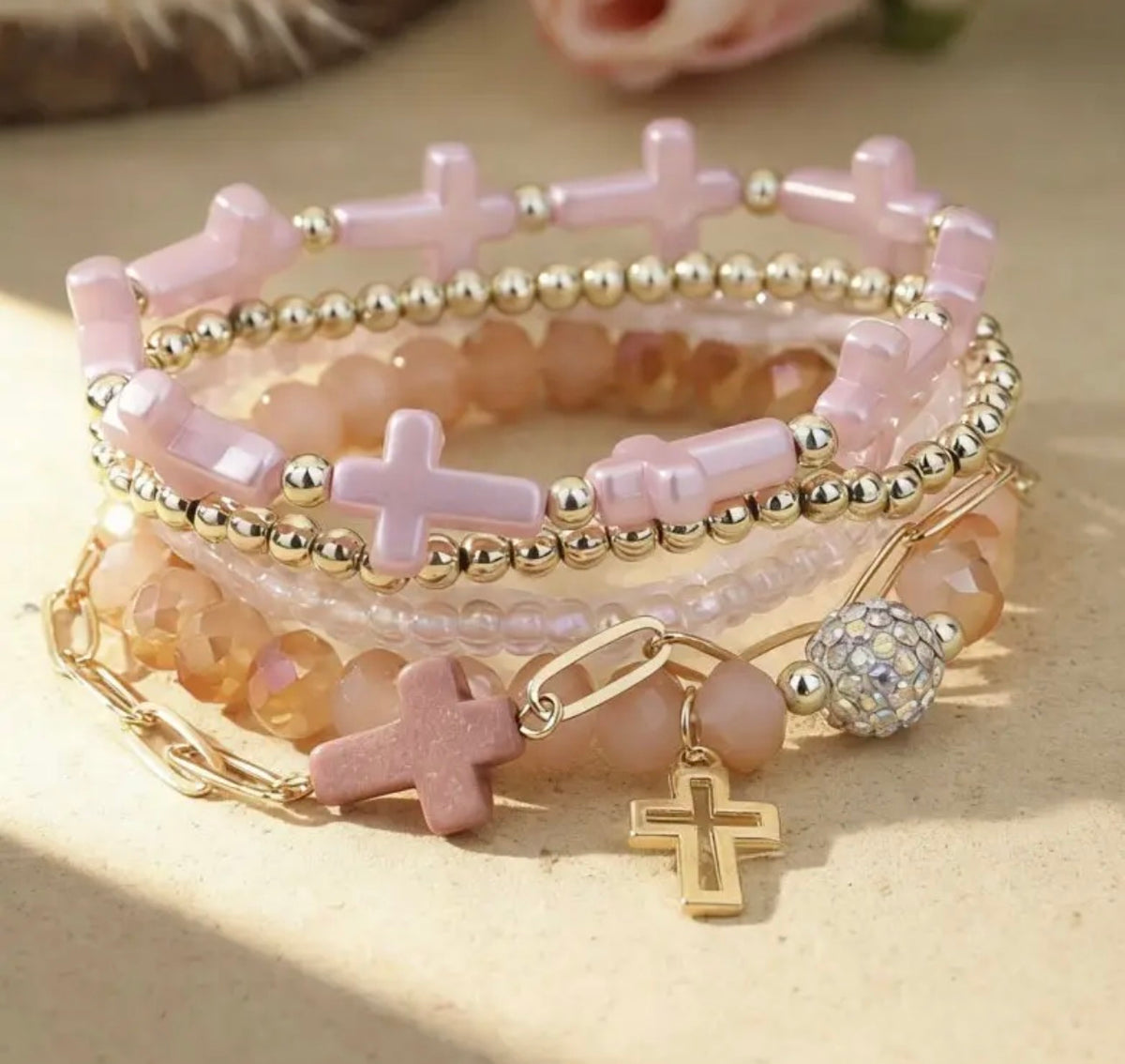 Cross Charm Mixed Beaded Bracelet Set-3 Color Options