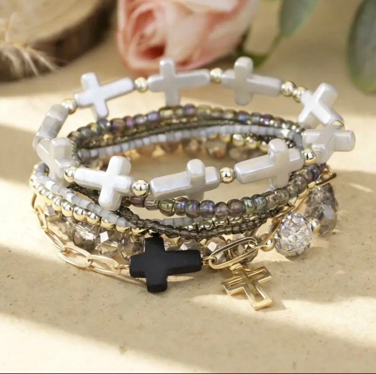 Cross Charm Mixed Beaded Bracelet Set-3 Color Options