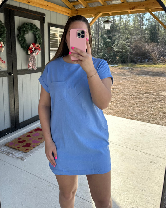 Light Blue Pocket T-Shirt Dress