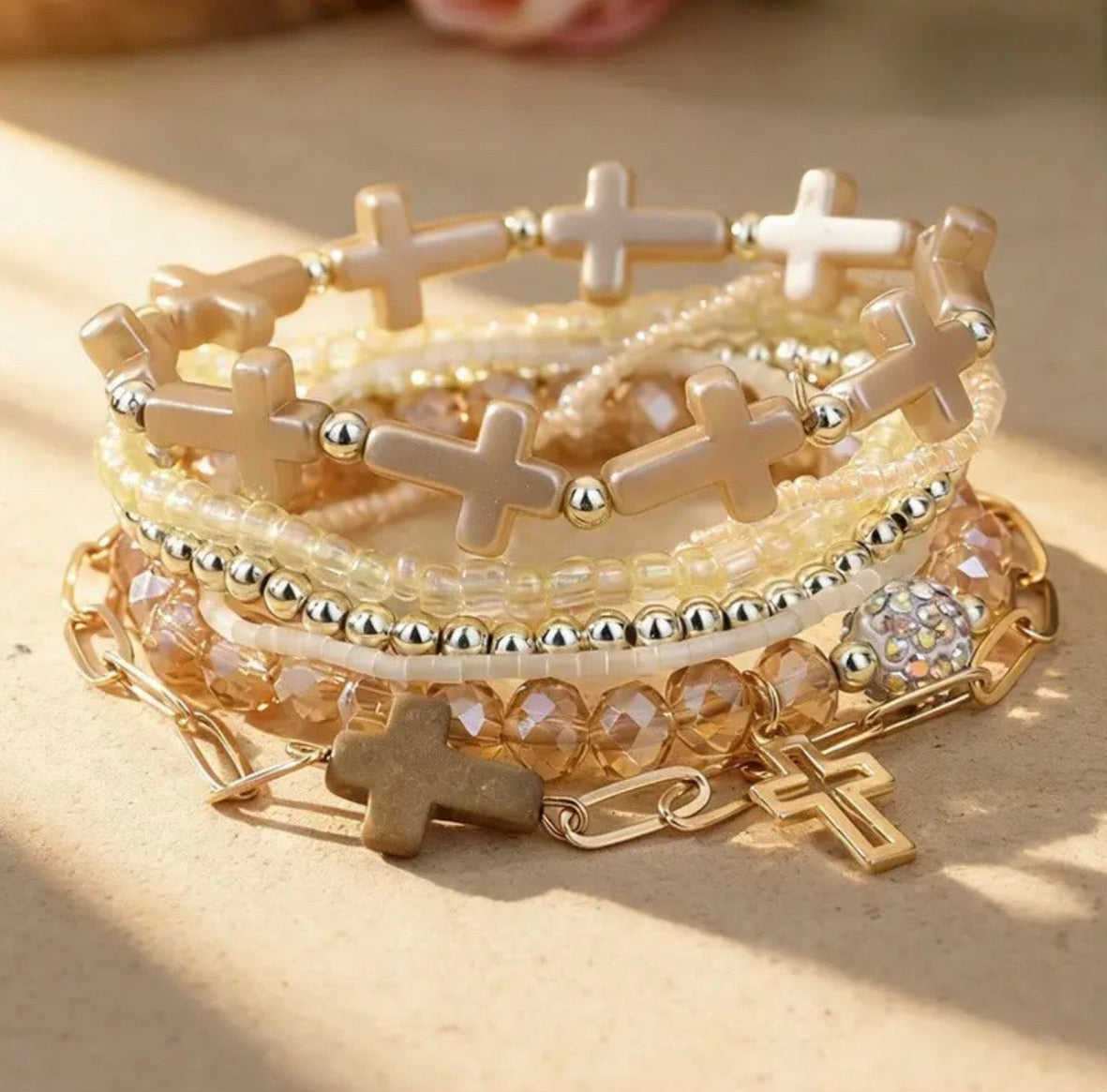Cross Charm Mixed Beaded Bracelet Set-3 Color Options