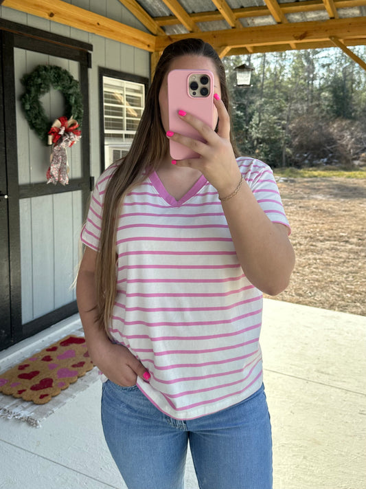 Candy Pink Striped V-Neck Shirt