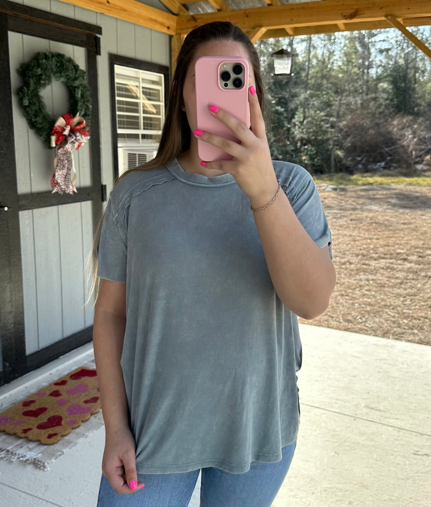 Blue Grey Acid Wash Ribbed Short Sleeve