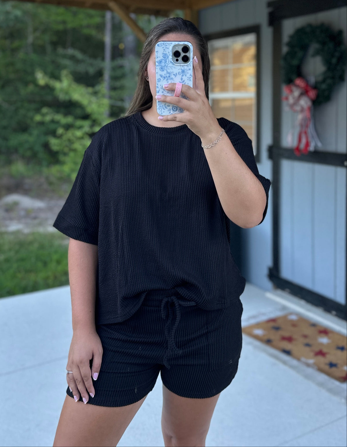 Black Ribbed Short Sleeve Set