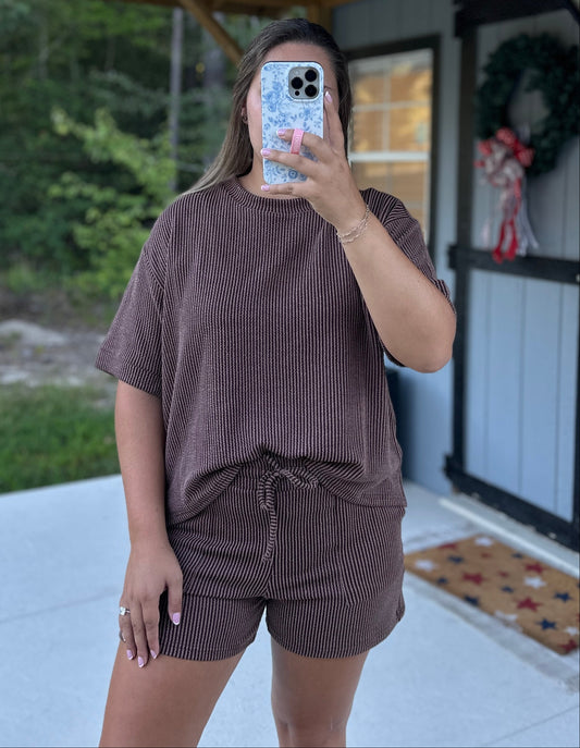 Chocolate Brown Ribbed Short Sleeve Set
