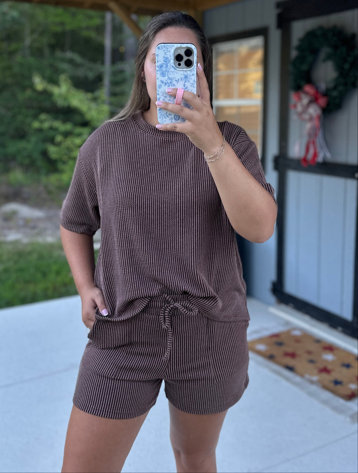 Chocolate Brown Ribbed Short Sleeve Set
