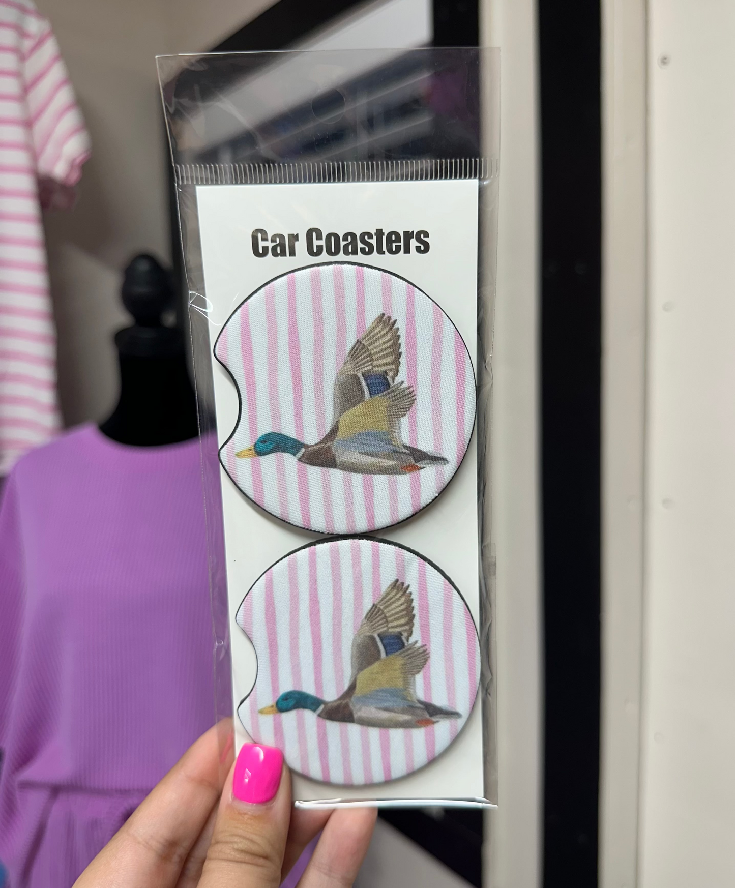 Flying Duck & Pink Stripes Car Coasters