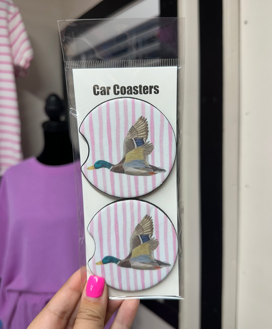 Flying Duck & Pink Stripes Car Coasters