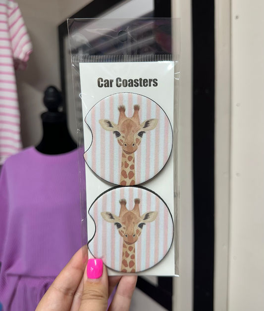 Giraffe & Pink Stripes Car Coasters
