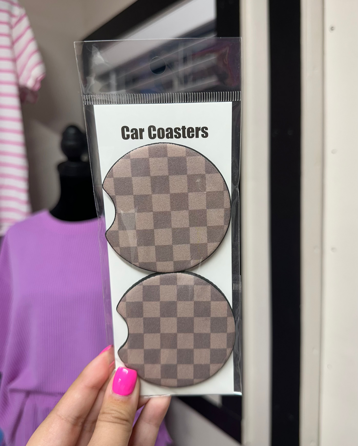 Brown Checkered Car Coasters