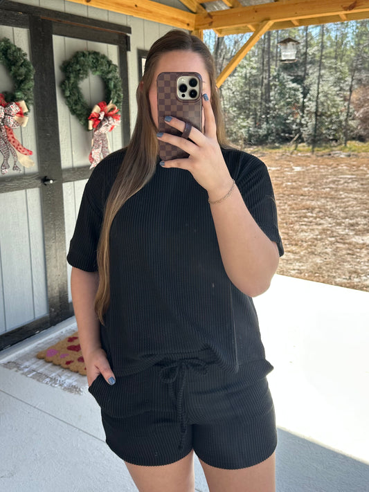 Black Ribbed Short Sleeve Set