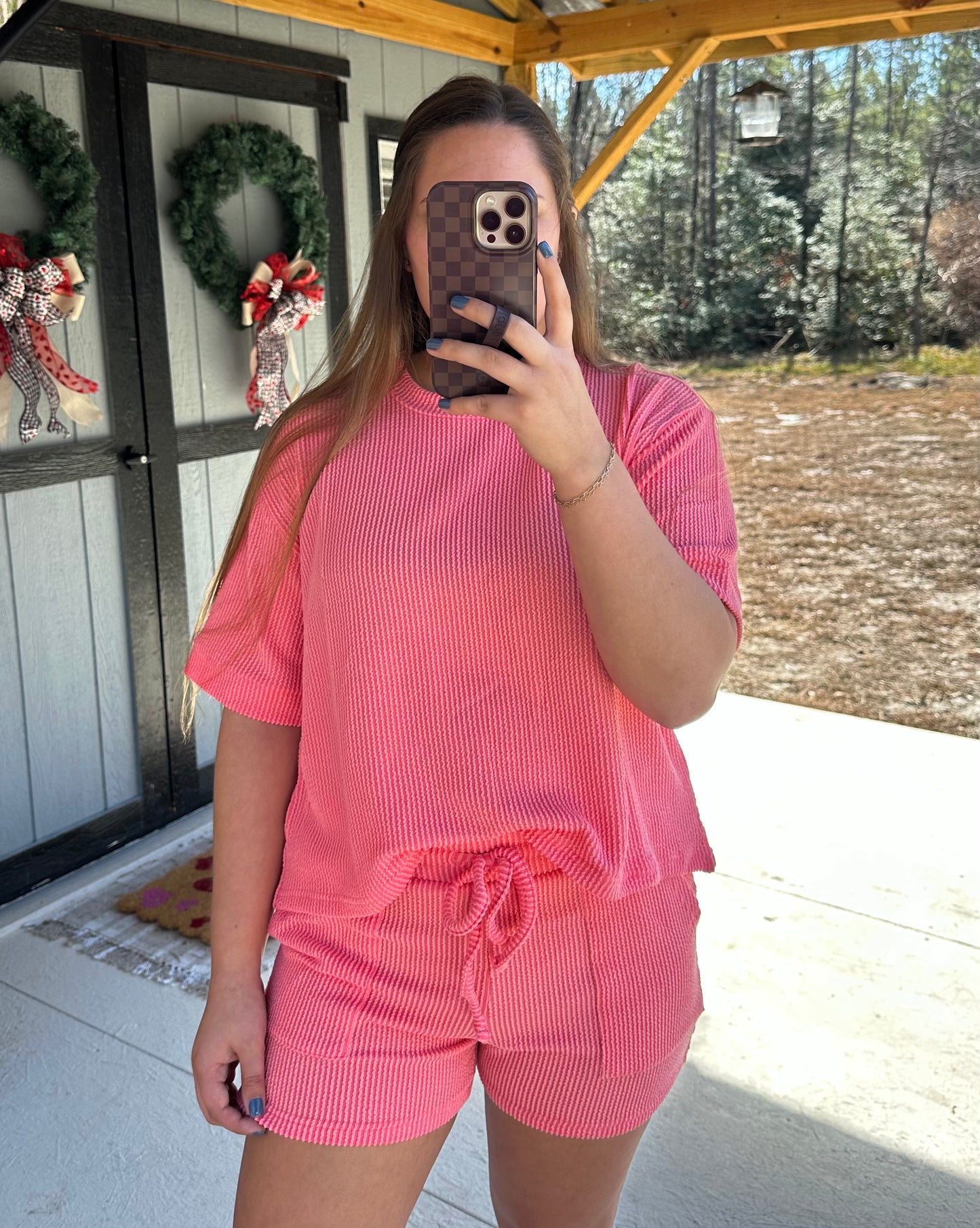 Coral Ribbed Short Sleeve Set