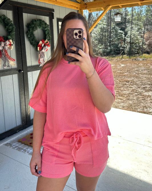 Coral Ribbed Short Sleeve Set