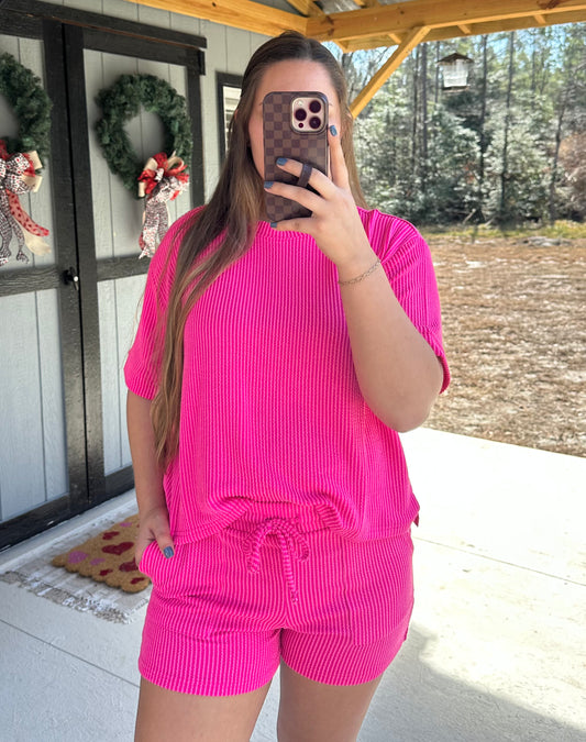 Hot Pink Ribbed Short Sleeve Set