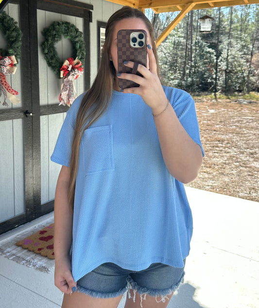 Spring Blue Ribbed Pocket Tee