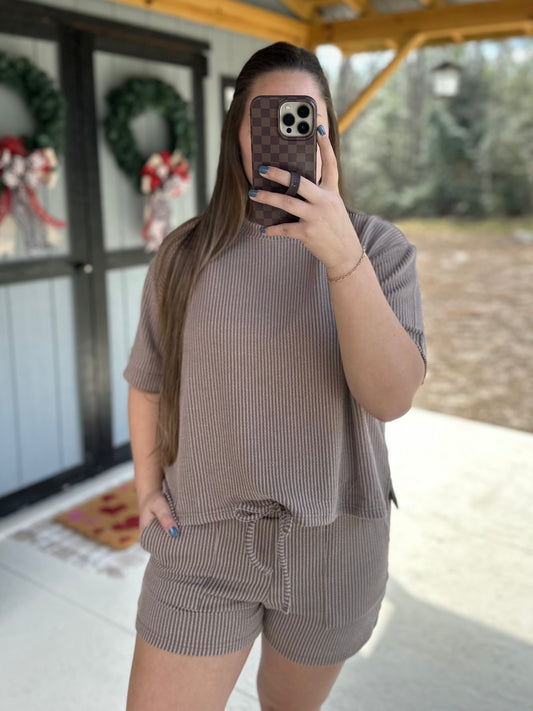 Mocha Ribbed Short Sleeve Set