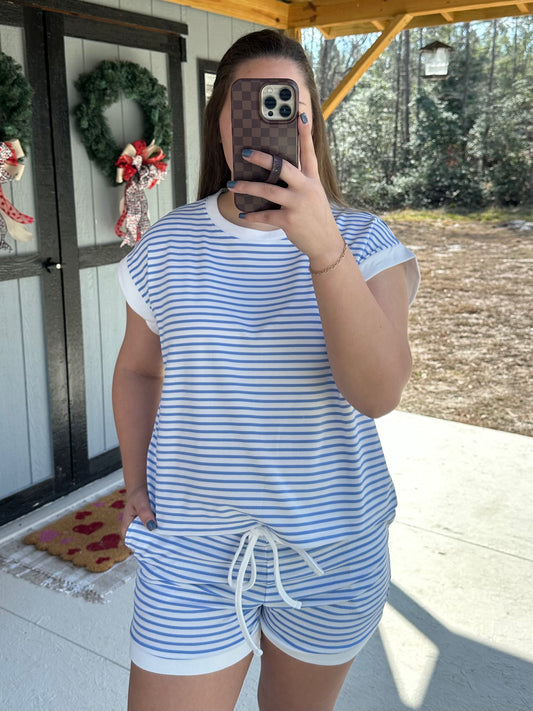 Light Blue Striped Short Sleeve Set