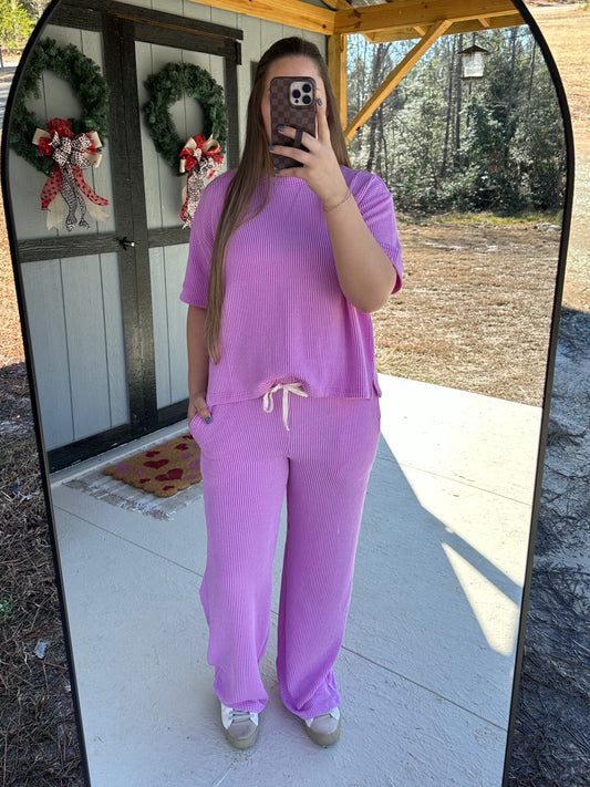Spring Violet Ribbed Short Sleeve & Pants Set