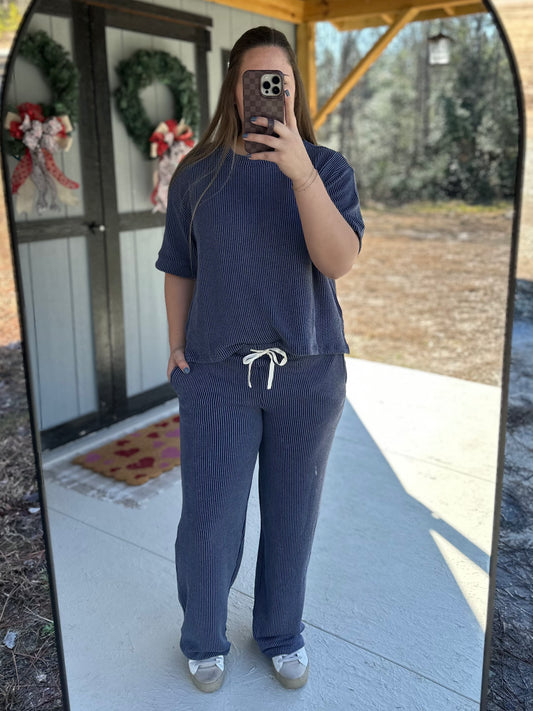 Navy Ribbed Short Sleeve & Pants Set