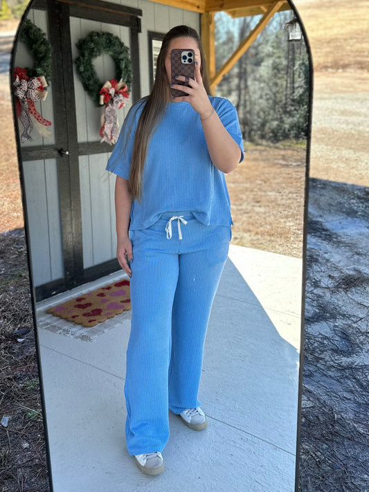Sky Blue Ribbed Short Sleeve & Pants Set