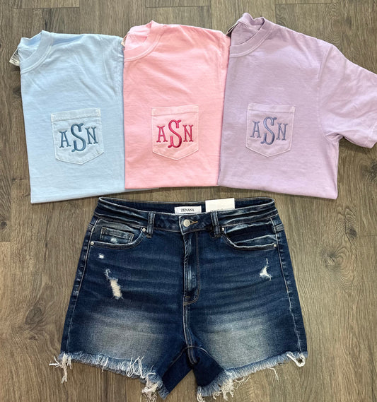 Embroidered Spring Monogram Pocket Tee-3 Color Options