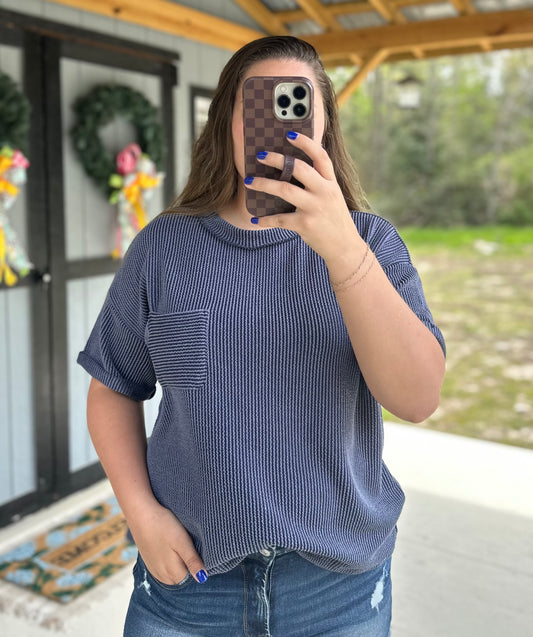 Navy Ribbed Pocket Tee
