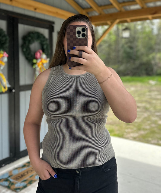 Brown Ribbed Tank Top