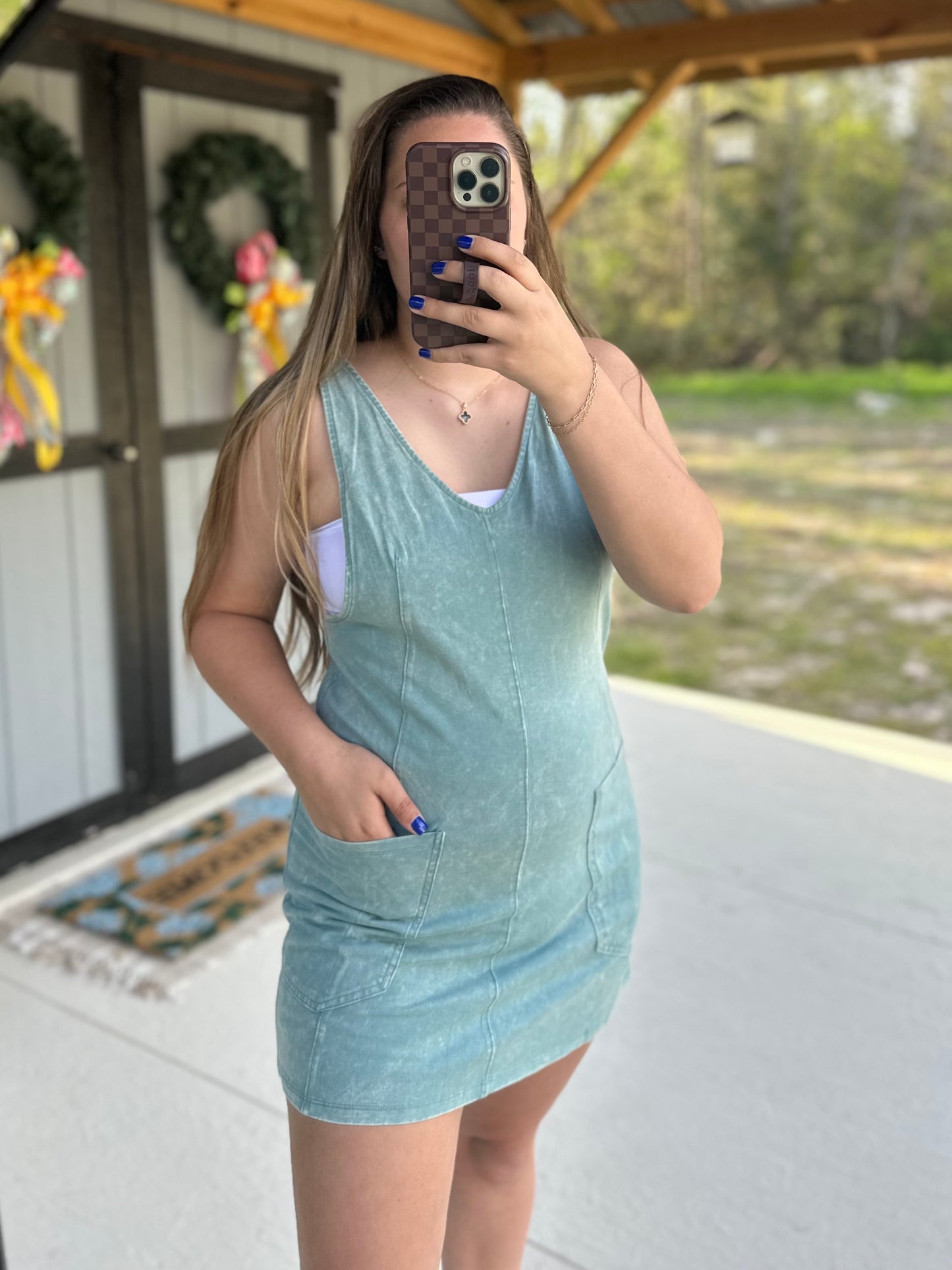 Ash Blue Cotton Dress With Pockets