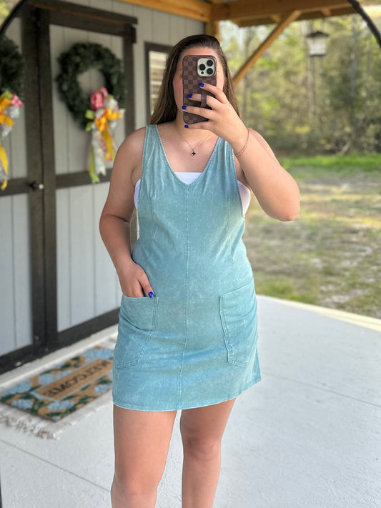 Ash Blue Cotton Dress With Pockets