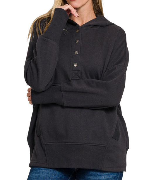 Zenana Half Button Hooded Sweatshirt